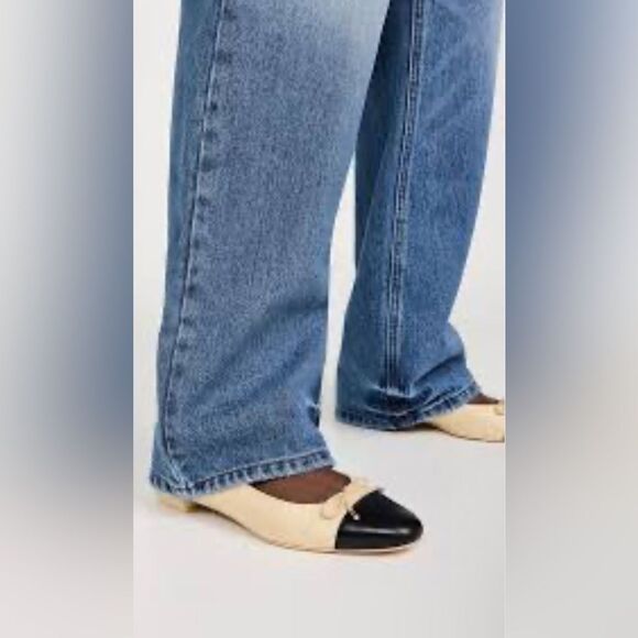 Stuart Weitzman Sleek Bow rounded toe black ballet Flats with natural raffia 8.5 - Picture 3 of 17